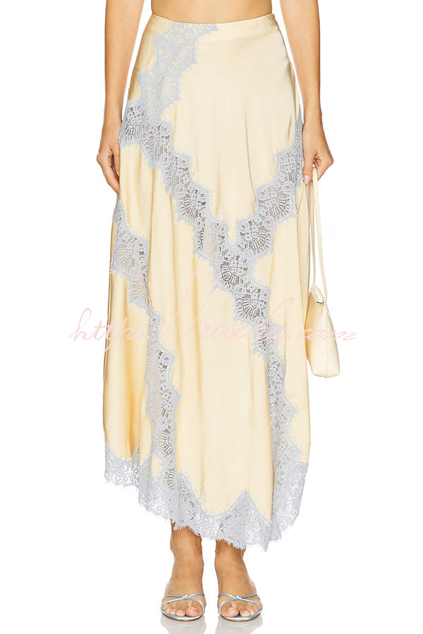 Satin Lace Trim High-Waist Midi Skirt with Irregular Hem