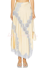 Satin Lace Trim High-Waist Midi Skirt with Irregular Hem