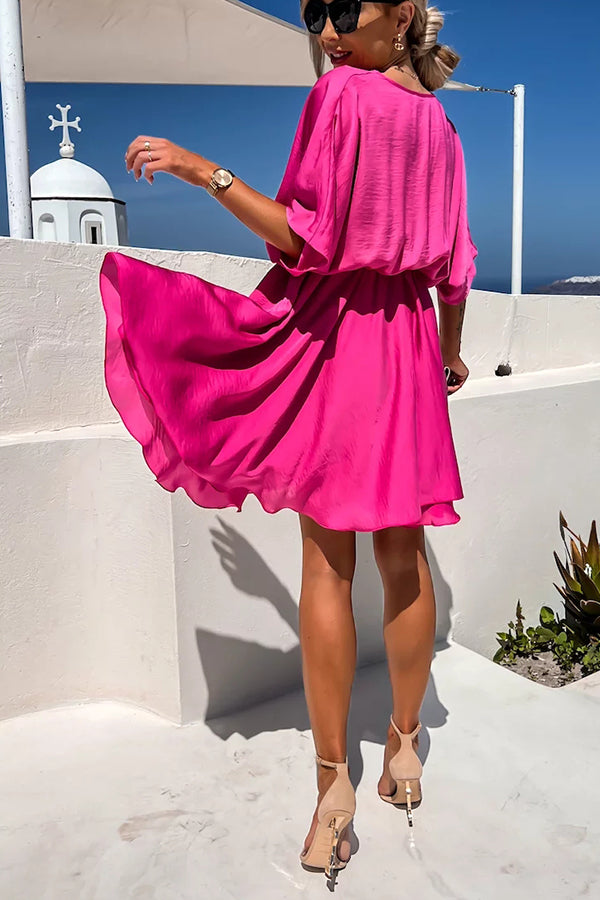 Batwing Sleeve Satin Mini Dress – Loose Fit V-Neck