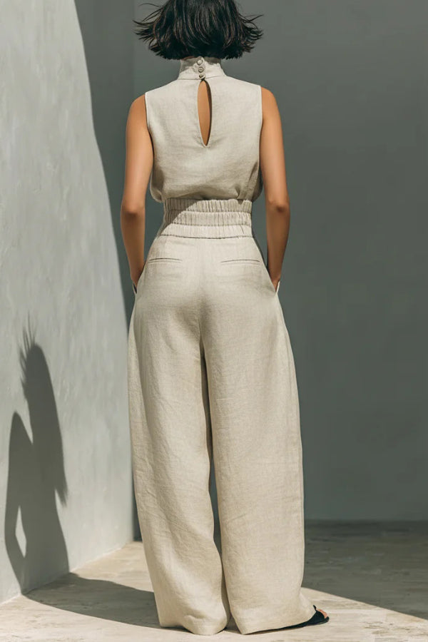 Linen Blend Turtleneck Top & Wide-Leg Pants Set