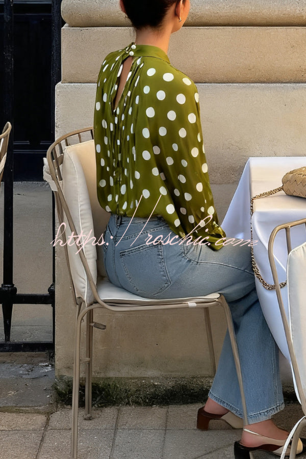 Polka Dot Lantern Sleeve Tie-Waist Loose Shirt
