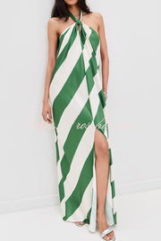 Striped Halter Maxi Dress with Pockets – Backless Loose Fit