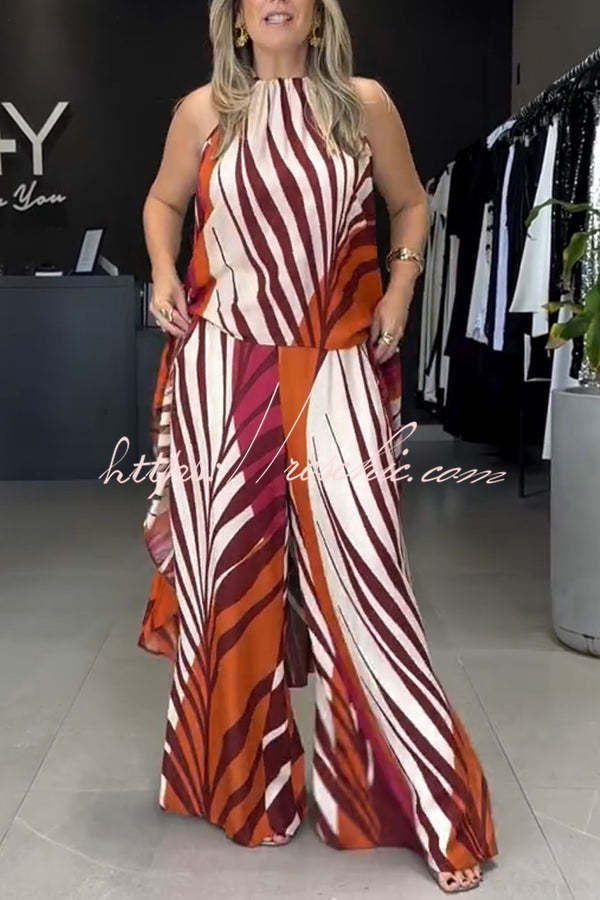 Printed High Low Halter Top & Wide Leg Pants Set