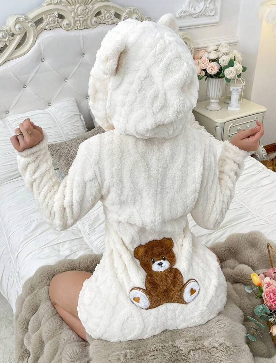 Teddy Bear Embroidered Hooded Fleece Sweatshirt for Women