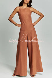 Linen Blend Wide Leg Jumpsuit with Square Neck & Pockets
