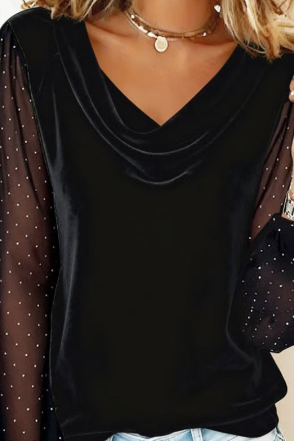 Velvet Patchwork Mesh Rhinestone Top – Long Sleeve V-Neck