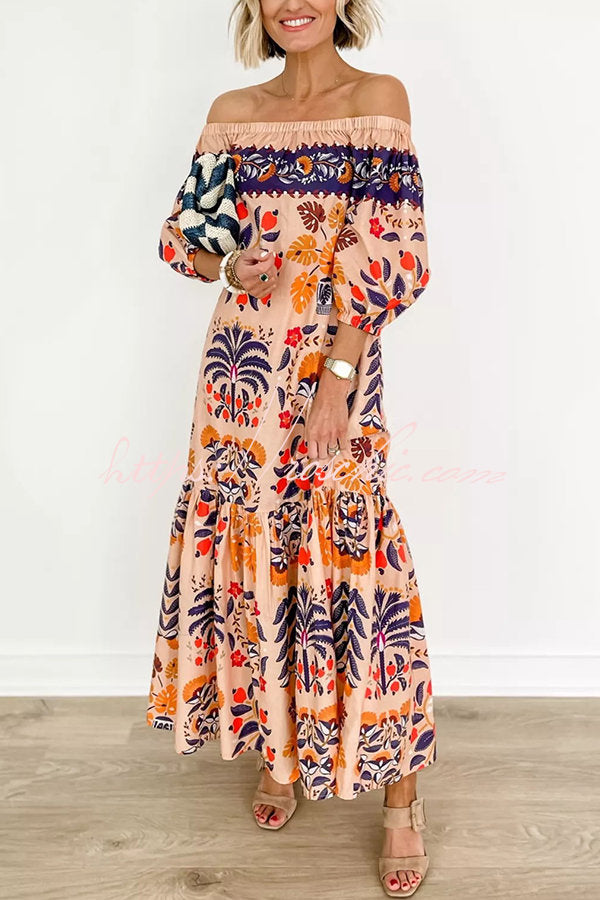 Printed Off-Shoulder Midi Dress with Pockets – Flowy Fit