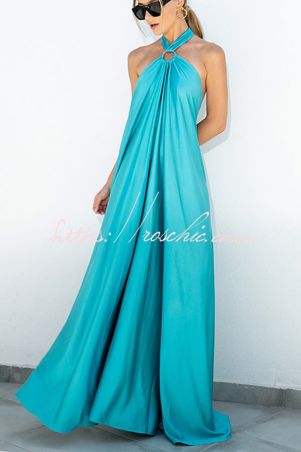 Satin Halter Backless Maxi Dress – Sleeveless Vacation Wear