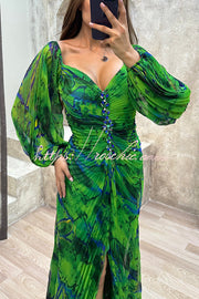 Off Shoulder Printed Pleated Maxi Dress with Diamond Detail