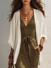 Olive Green Ruffled Maxi Dress & White Shirt Set
