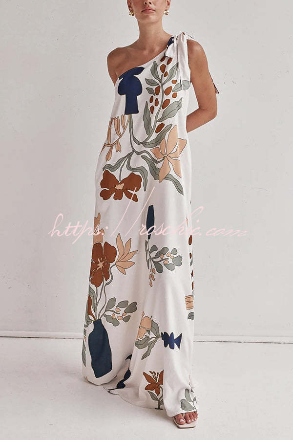 One Shoulder Printed Loose Maxi Dress with Pockets