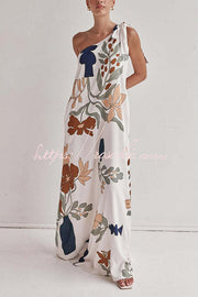 One Shoulder Printed Loose Maxi Dress with Pockets