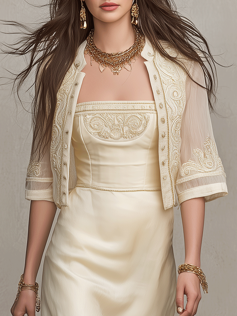 Ivory Satin Embroidered Maxi Dress Set | Resort Wear