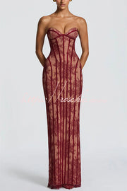 Floral Lace Strapless Maxi Dress with Lace-Up Back & Slit