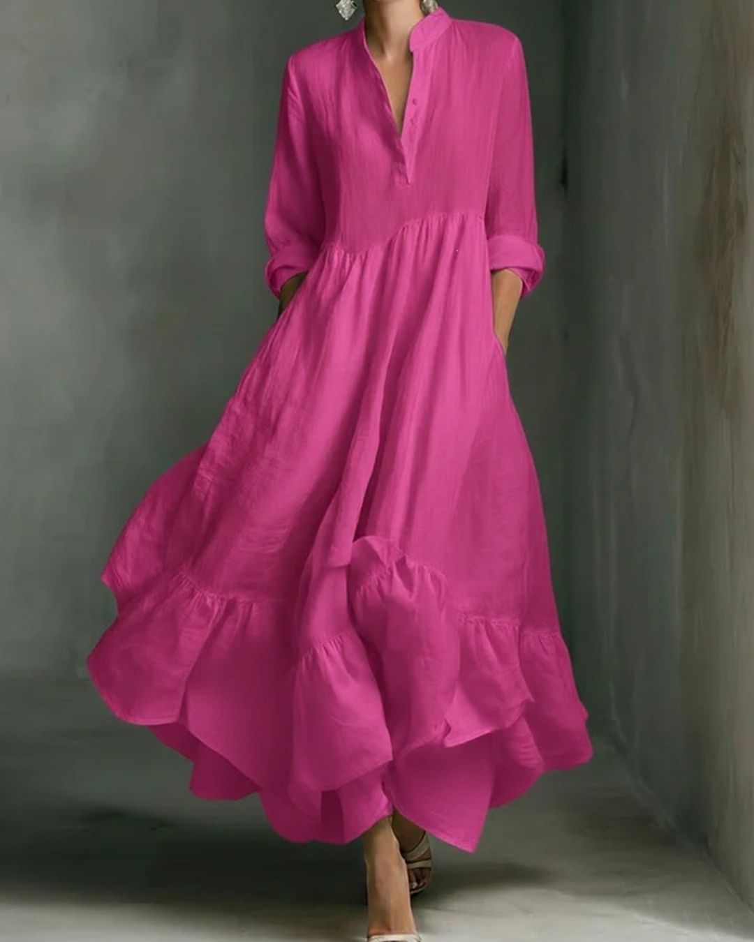 Pleated Bell-Sleeve Maxi Dress