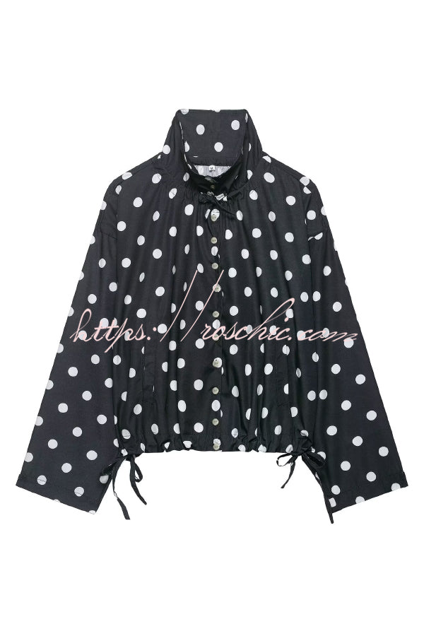 Polka Dot Loose Jacket with Stand Collar & Bow Tie Detail