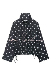 Polka Dot Loose Jacket with Stand Collar & Bow Tie Detail