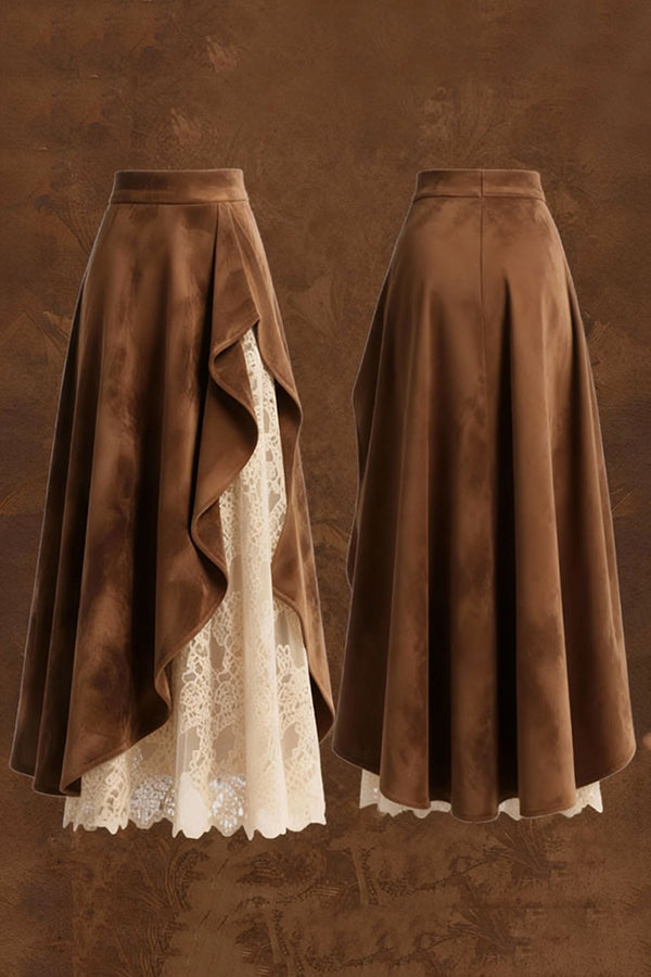 Suede & Lace Patchwork Asymmetrical Midi Skirt