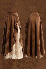 Suede & Lace Patchwork Asymmetrical Midi Skirt