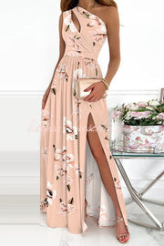 Floral One-Shoulder Cutout Slit Maxi Dress