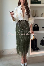Feather Trim Long Sleeve Blouse – Loose Fit Party Top