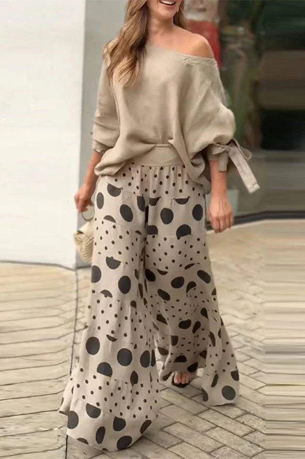 Polka Dot Wide Leg Pants & Tie-Cuff Top Two-Piece Set