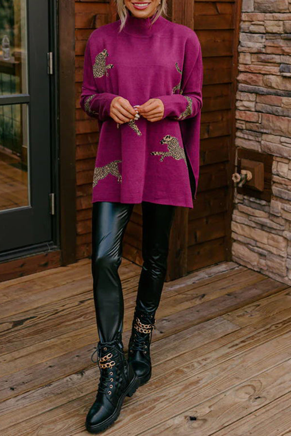 Leopard Print High Neck Relaxed Sweatshirt with Side Slit