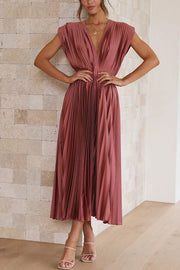 Satin Pleated Midi Dress – V-Neck Short Sleeve Party Dress