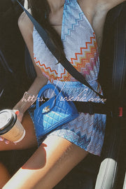 Colorful Zigzag Knit Halter Romper – Loose V-Neck Tie-Up
