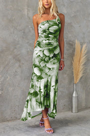 Floral Mesh One Shoulder Ruched Maxi Dress