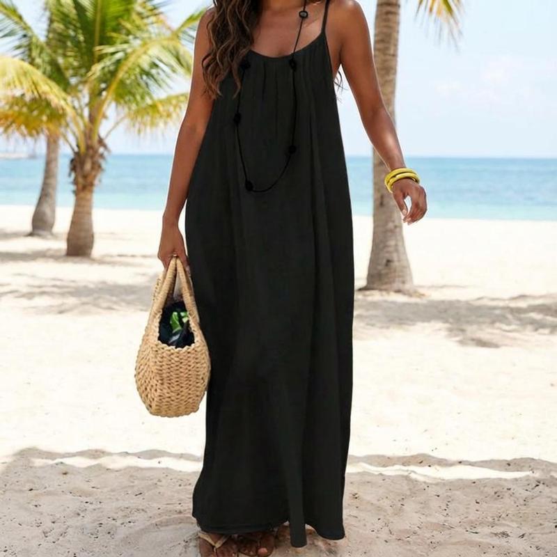 Women's Solid Color Cami Lounge Dress, Elegant Sleeveless Long Dress for Summer, Ladies Sleepwear for Indoor Wear