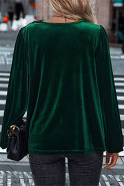 Velvet Long Sleeve V-Neck Loose Top | Vacation Blouse