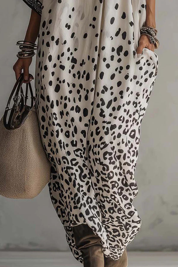 Robe longue imprimée à col en V – Robe de vacances coupe ample