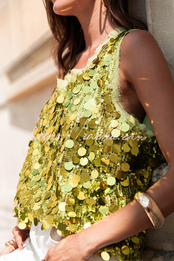 Sequin Sleeveless Vest Top | Loose Fit Round Neck