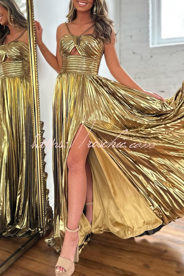 Metallic Fabric Cross-Neck Cutout Slit Pleated Maxi Dress