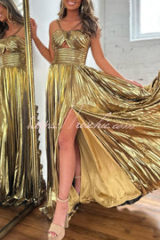 Metallic Fabric Cross-Neck Cutout Slit Pleated Maxi Dress