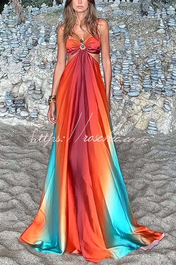 Neon Sunset Print Cutout Back Tie-Up Maxi Dress