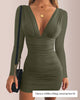 V-Neck Long Sleeve Ruched Bodycon Mini Dress