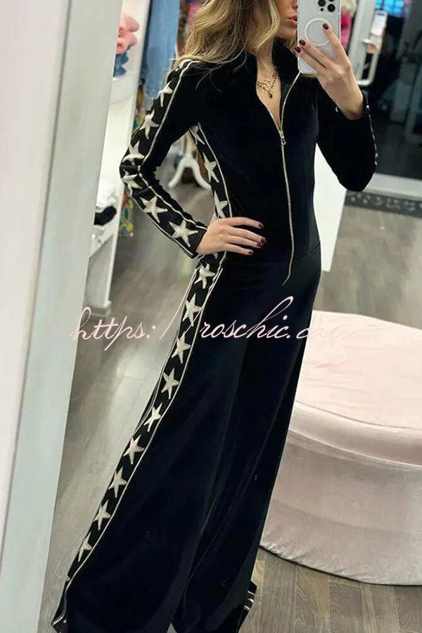 Star-Print Velvet Wide-Leg Jumpsuit with Zip Front