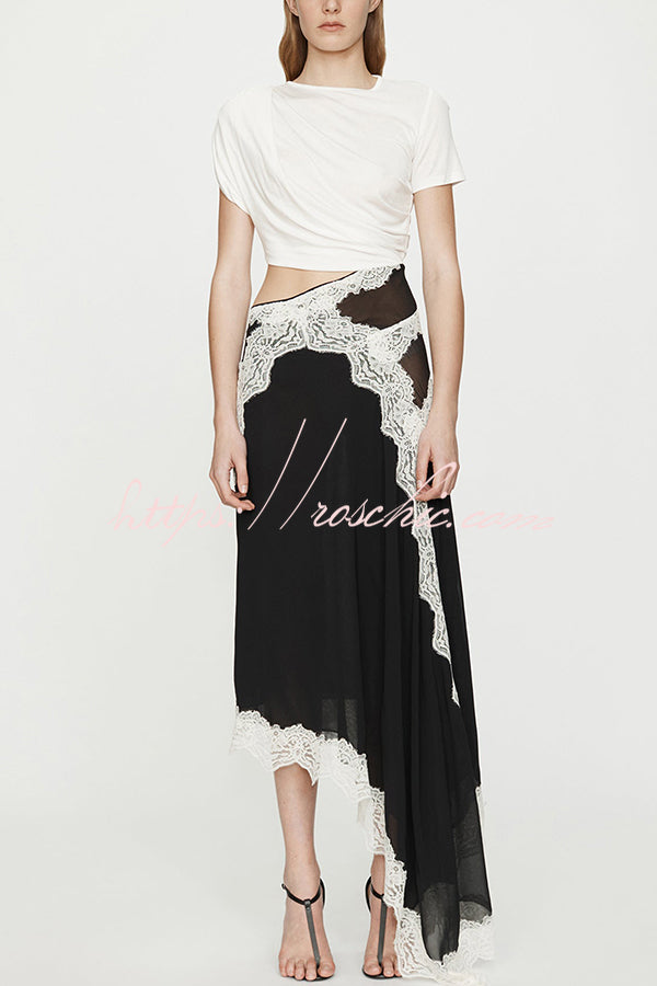 Twisted Drape Chiffon Lace Trim Maxi Dress – Loose Fit