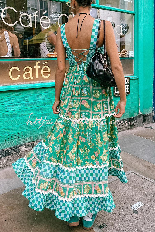 Ric Rac Trim Smocked Bust Lace-Up Maxi Dress
