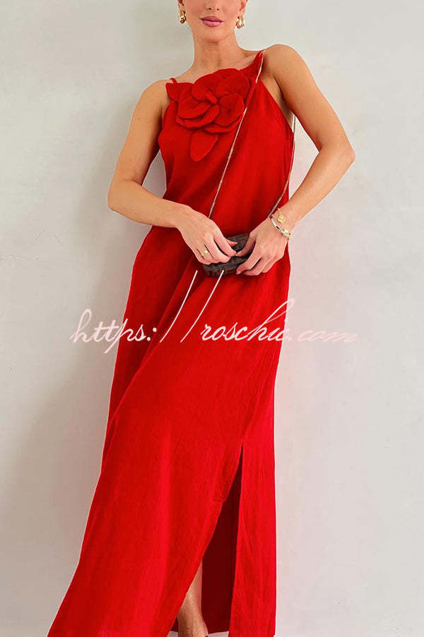 Linen Blend Floral Embellishment Maxi Dress with Pockets