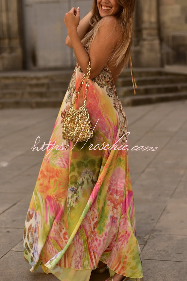 Robe longue ample bohème, col licou, sans manches, dos nu