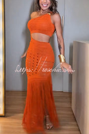 One Shoulder Knit Maxi Dress with Cutout Waist & Tassel Hem
