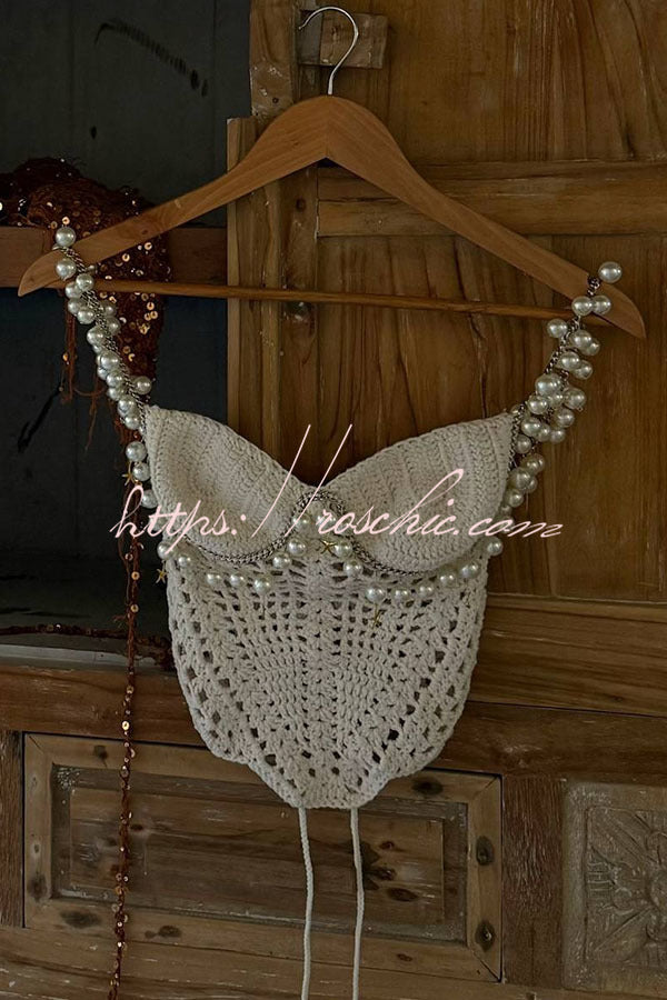 Crochet Knit Pearl Trim Sweetheart Crop Tank Top