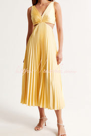 Satin Pleated Cutout Waist Sleeveless Midi Dress