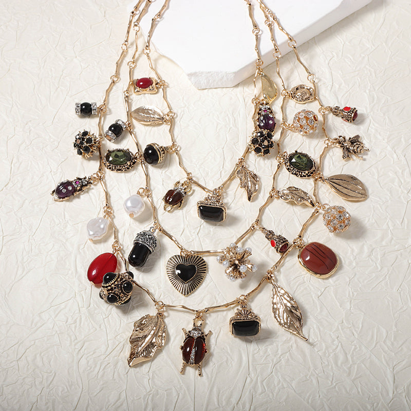 Vintage Layered Geometric Zircon Pendant Necklace