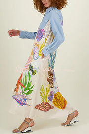 Manteau chemise maxi patchwork imprimé marin avec poches