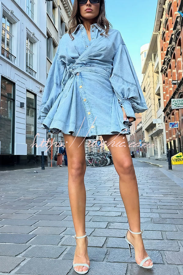 Denim Balloon Sleeve Wrap Mini Dress with Twisted Hem