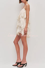 Layered Lace Trim Chiffon Backless Mini Dress with Adjustable Straps